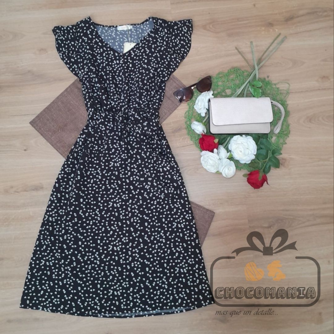 VESTIDO NEGRO CON PUNTOS BLANCOS M 👗