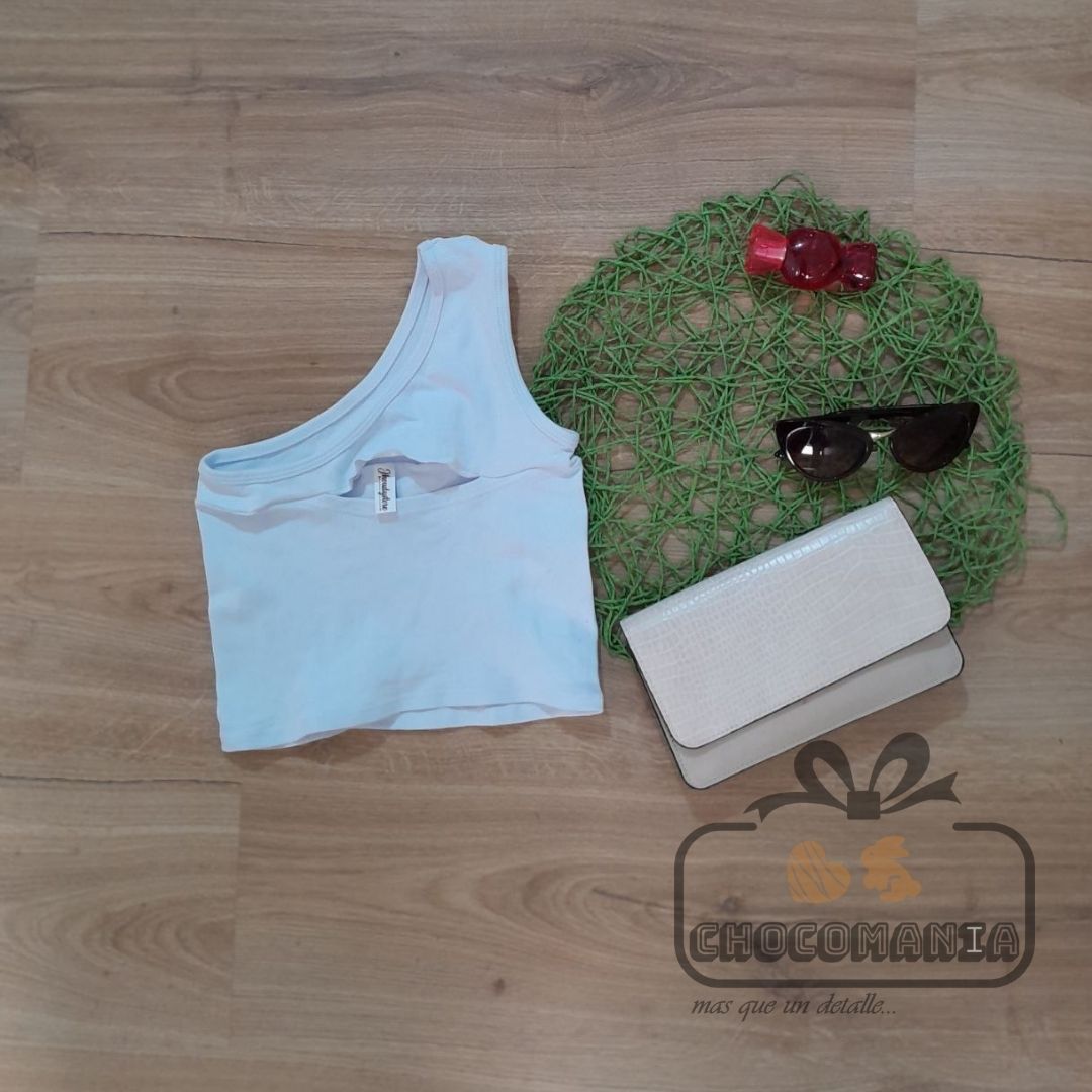 Lycra top with asymmetrical neckline, one size fits up to a small