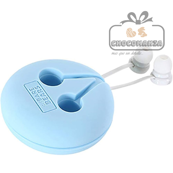 AUDIFONOS TIPO BOTON MINISO OSOS ESCANDALOSOS ESTUCHE Y MICROFONO AZUL