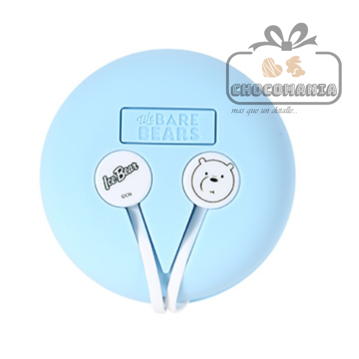 AUDIFONOS TIPO BOTON MINISO OSOS ESCANDALOSOS ESTUCHE Y MICROFONO AZUL