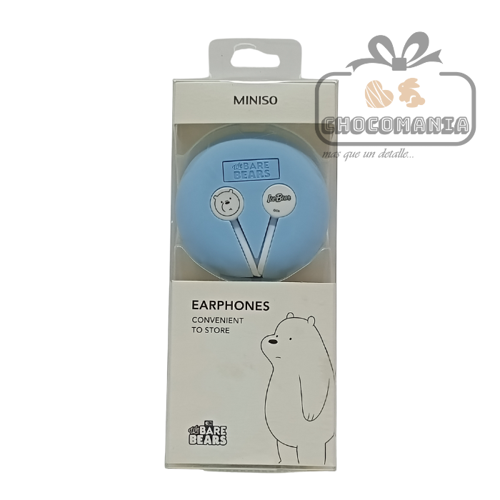 AUDIFONOS TIPO BOTON MINISO OSOS ESCANDALOSOS ESTUCHE Y MICROFONO AZUL