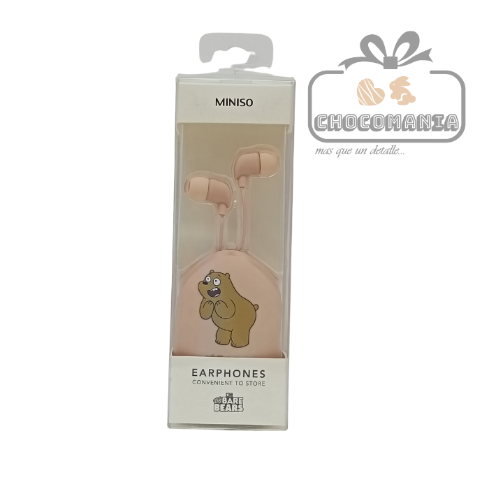AUDIFONOS TIPO BOTON MINISO OSOS ESCANDALOSOS ESTUCHE Y MICROFONO ROSA
