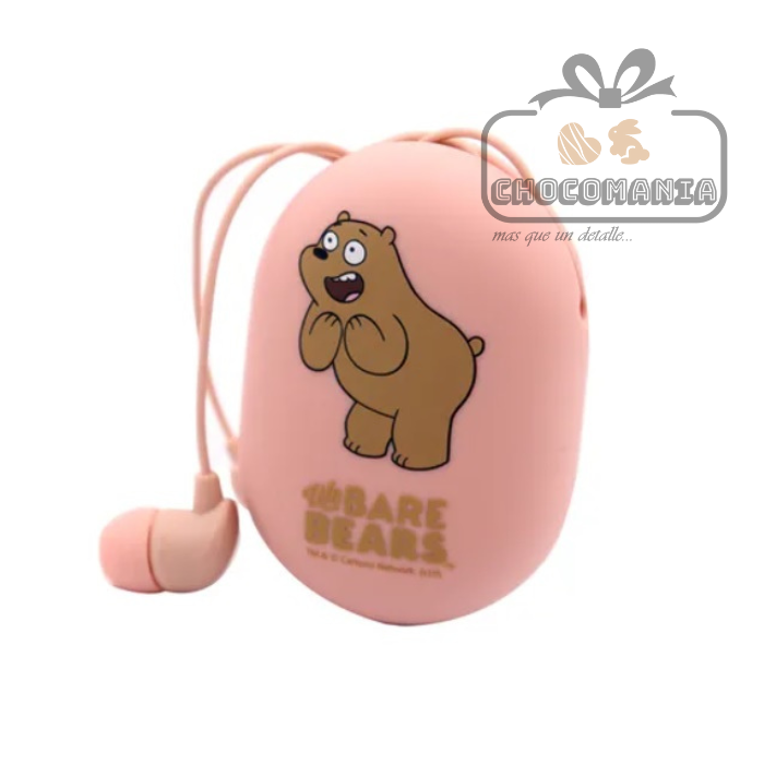 AUDIFONOS TIPO BOTON MINISO OSOS ESCANDALOSOS ESTUCHE Y MICROFONO ROSA