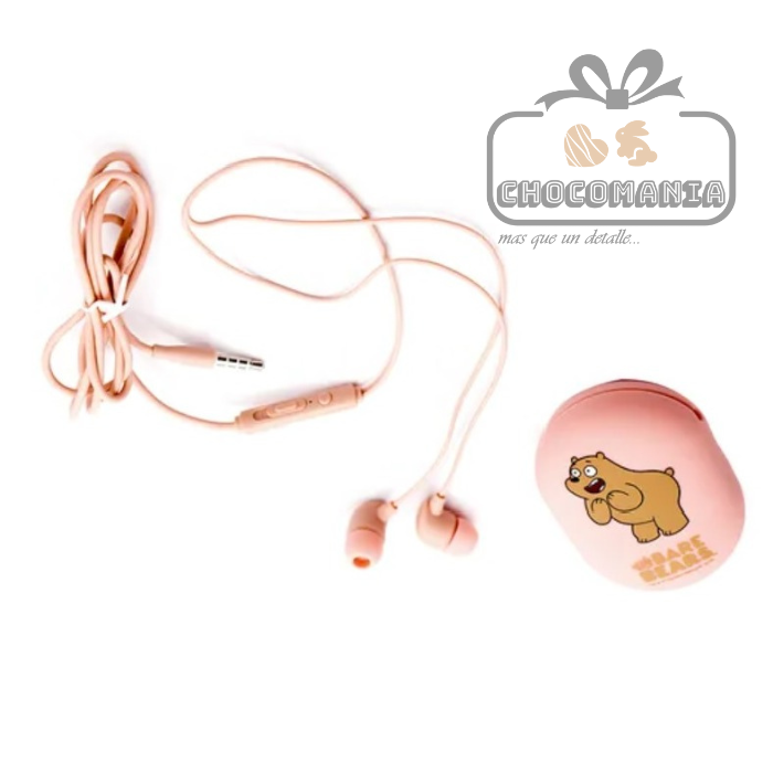 AUDIFONOS TIPO BOTON MINISO OSOS ESCANDALOSOS ESTUCHE Y MICROFONO ROSA
