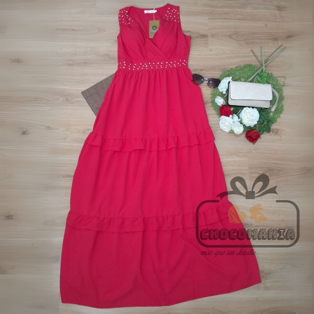 VESTIDO LARGO ROJO M/L INCLUYE COPAS 👗
