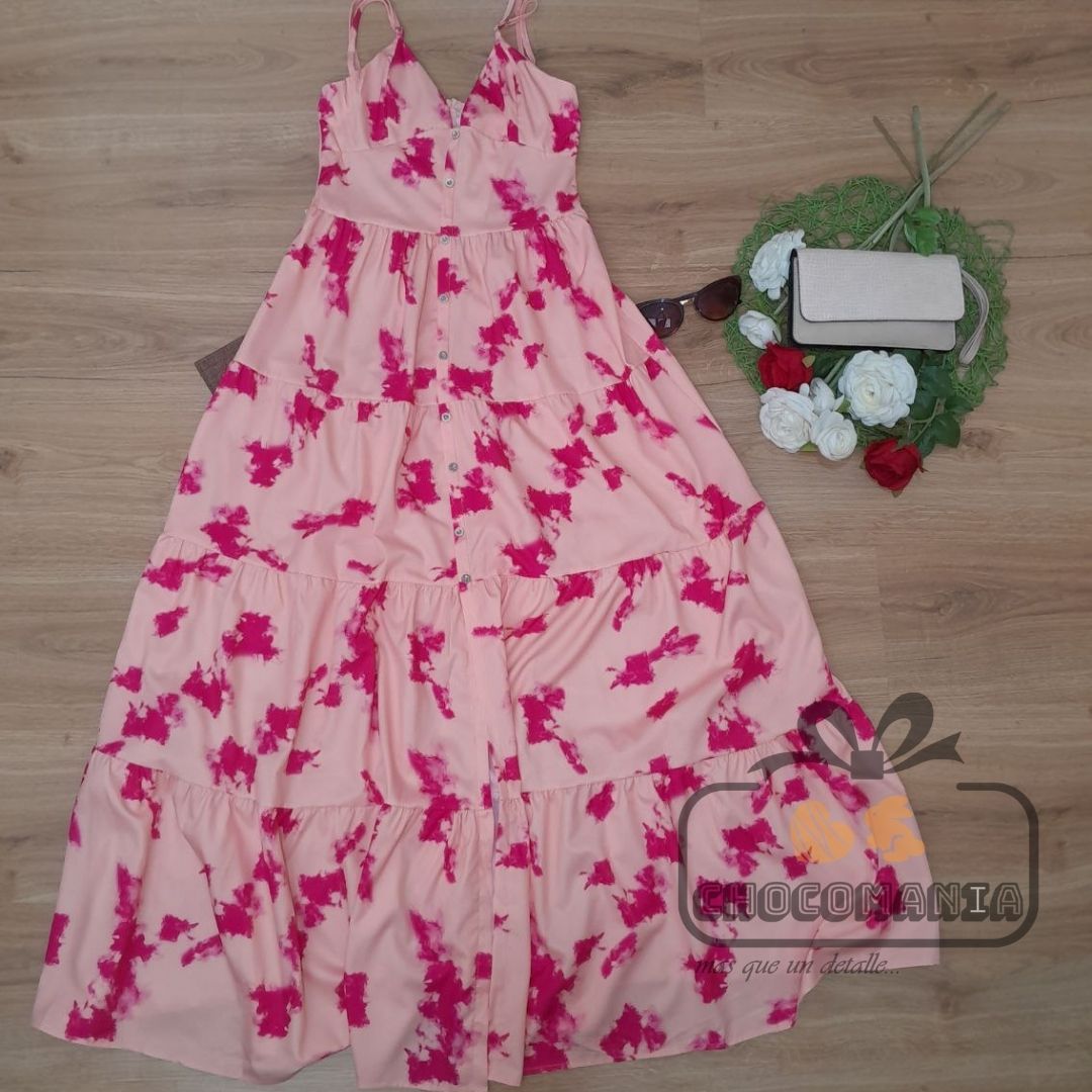 VESTIDO LARGO MARMOLEADO MELON CON FUCSIA S/M 👗