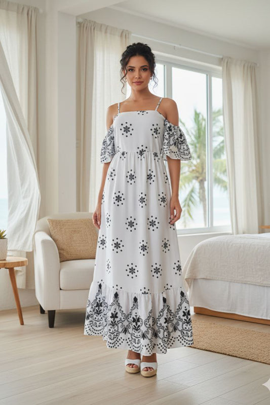 VESTIDO LARGO BLANCO MANGA CORTA ESTAMPADO M/L 👗